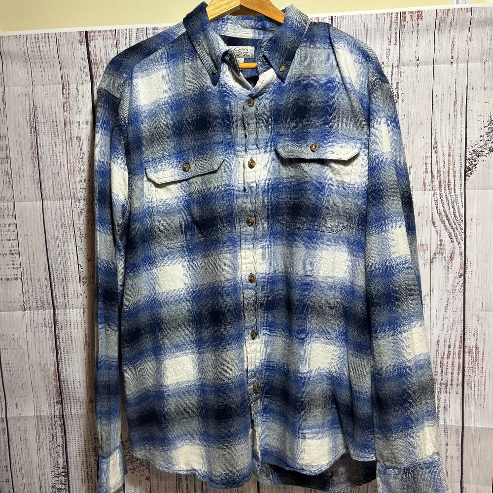 Ocean + Coast Blue White Plaid Flannel Shirt XL Cotton Button Front Pre-Owned